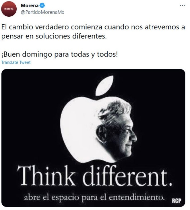 Morena utiliza el logotipo y eslogan de Apple en redes sociales