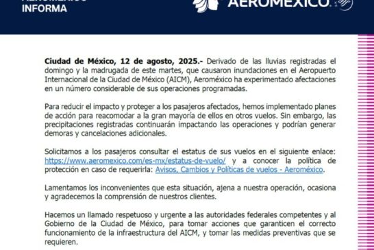 Aeroméxico exige acciones urgentes tras inundaciones en el AICM